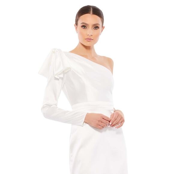 Leena Mac Duggal White One Shoulder Long Sleeve Satin Mini Dress Size 10 - Picture 4 of 9